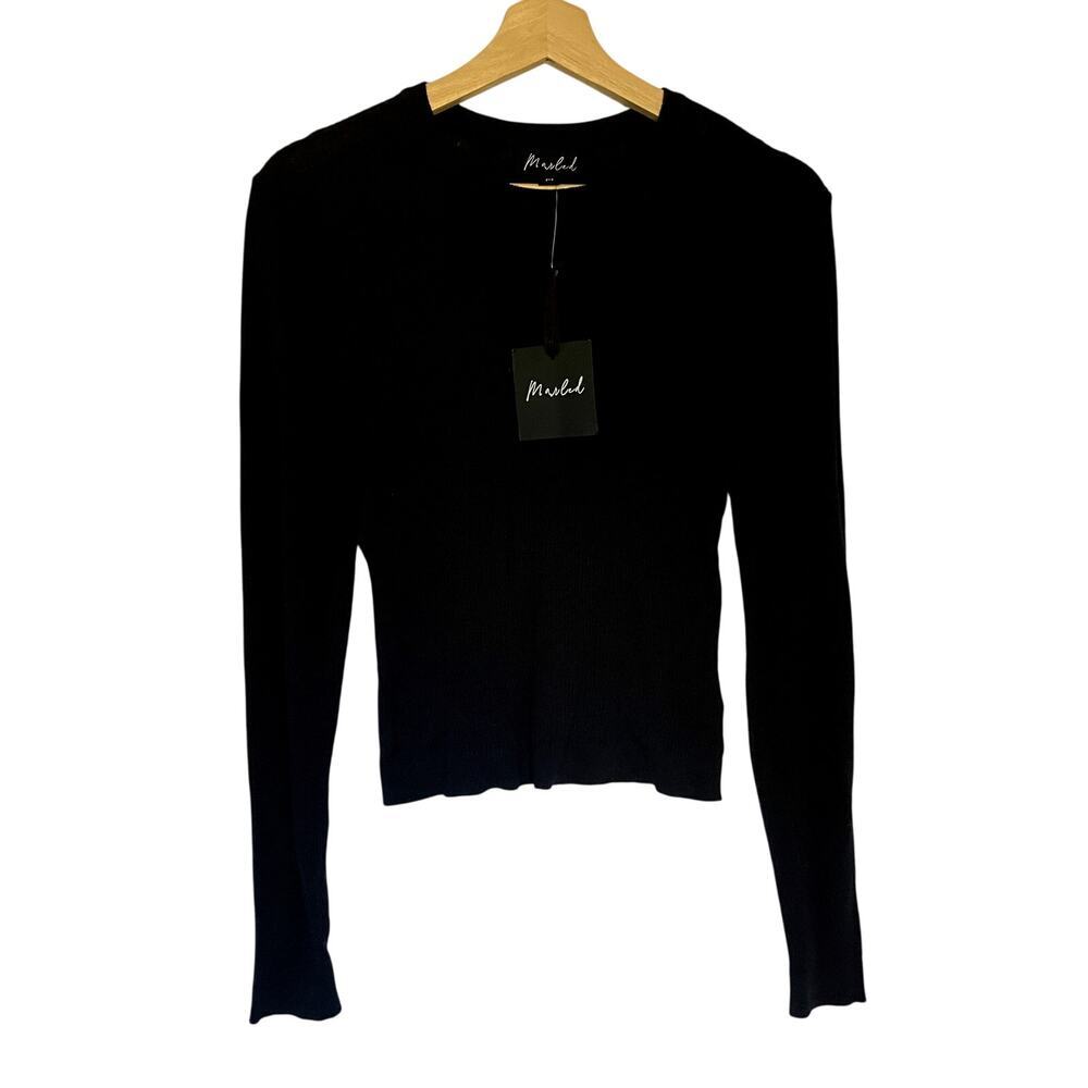 NWT Marled ribbed black sweater stretch women's size medium knit top wool blend